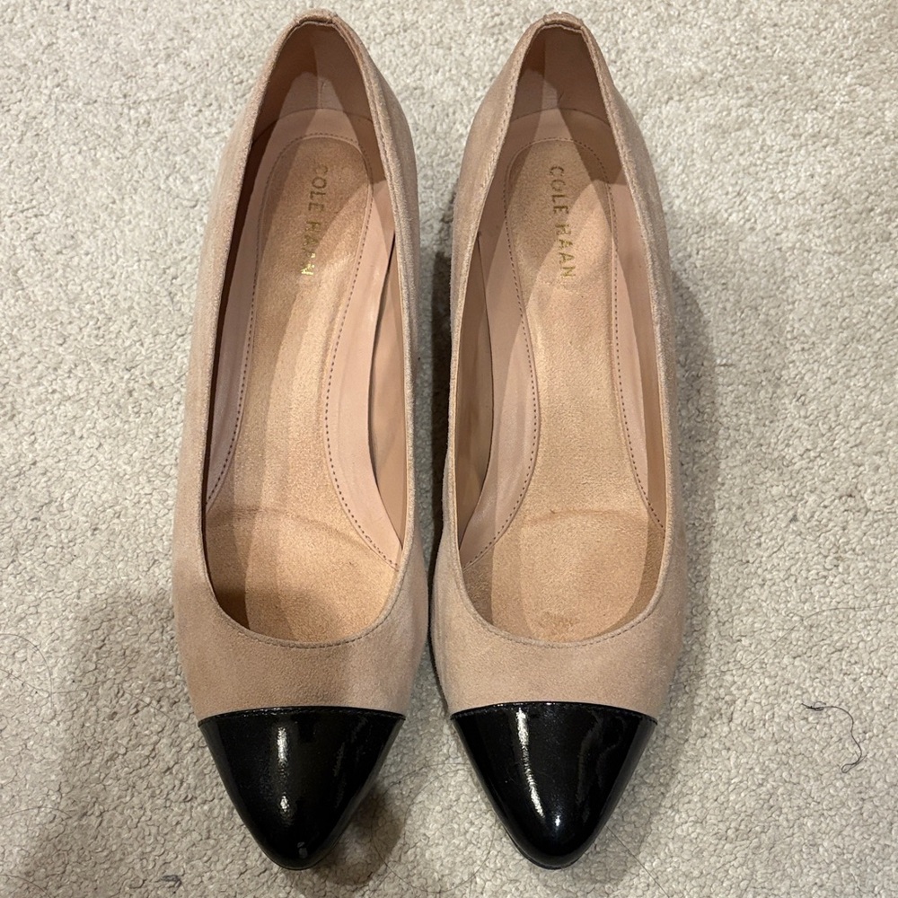 Cole Haan Women's Nude Suede Pointed Toe pump with Black Cap toe, Size 8, $45